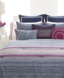 Modern elegance has a name! This Giselle comforter set from Steve Madden features indigo/ivory printed stripes with purple and pink lace embroidery.