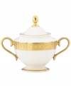 A classic introduced in 1915, Westchester dinnerware features an opulent gold border with etching that evokes the grandeur of another era. Master artisans achieve a lustrous glow in the elegant sugar bowl, handcrafted in ivory china with sumptuous banding.