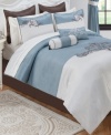The suite life. Serenity reigns in this Ellington comforter set with a soothing colorway of light blue and white embellished by an understated yet ornate scroll motif. Comes complete with all the elements needed to turn your room into an utterly elegant sanctuary.