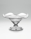 Hand crafted glass with ornate swirls put your favorite sweets on a pedestal. Mouth blown 4½H X 9W; holds 8oz Dishwasher safe Made in Czech Republic