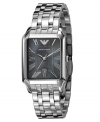 This Emporio Armani watch exhibits a timeless style reminiscent of Roman architecture. Stainless steel bracelet and rectangular case. Black mother-of-pearl textured dial with silver tone Roman numerals, logo and date window. Quartz movement. Water resistant to to 50 meters. Two-year limited warranty.