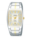 A ray of golden shine in a sleek package, by Pulsar. Crafted of stainless steel bracelet with gold-tone accents and rectangular case. Silver-tone dial with logo, date window at six o-clock, gold-tone applied indices, three hands and minute track. Quartz movement. Water resistant to 50 meters. Three-year limited warranty.