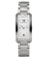 This Burberry timepiece features a stainless steel bracelet etched with signature check pattern and rectangular case. Silver tone dial with check-patterned inner dial features Roman numerals at twelve, three, six and nine o'clock, minute track, two hands and logo. Quartz movement. Water resistant to 30 meters. Two-year limited warranty.