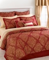 Give your bedroom the royal treatment with this St. Charles comforter set, featuring an opulent flourish pattern in a rich red and gold color scheme. This comprehensive set comes with all the components you need to redo your room in lavish style, including a sheet set with a gold diamond design along the hem to tie the look together.