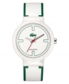 Add a little spring spirit to every hour with this crisp, green and white unisex watch from Lacoste. White and green silicone strap. Round white plastic case and round white dial with logo and stick indices. Quartz movement. Water resistant to 30 meters. Two-year limited warranty.