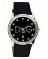 Bring up the lights with city style. This D&G Dolce & Gabbana watch features a black leather strap and round stainless steel case. Crystal-accented bezel. Black dial features crystal accents at indices, crystal-accented logo and date window. Quartz movement. Water resistant to 30 meters. Two-year limited warranty.
