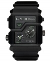 Sport a futuristic look with this Diesel watch. Black polyurethane strap and black ion-plated stainless steel and plastic case. Black dial features two analog subdials at bottom and negative display digital dial at top along with logo and green accents. Quartz movement. Water resistant to 50 meters. Two-year limited warranty.
