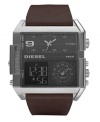 Diesel created the ultimate watch for the man who's always in three places at once. Brown leather strap and square stainless steel case. Gunmetal dial features rectangular analog subdial at top, circular analog subdial at bottom right and negative display digital dial at bottom left. Quartz movement. Water resistant to 50 meters. Two-year limited warranty.
