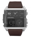 Diesel created the ultimate watch for the man who's always in three places at once. Brown leather strap and square stainless steel case. Gunmetal dial features rectangular analog subdial at top, circular analog subdial at bottom right and negative display digital dial at bottom left. Quartz movement. Water resistant to 50 meters. Two-year limited warranty.