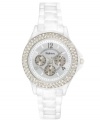 This boyfriend-inspired watch by Style&co. gets a girlie makeover in white on white. White-plated mixed metal bracelet and round case. Bezel embellished with crystal accents. White dial features numerals, stick indices, minute track, three multifunctional subdials, three hands and logo. Quartz movement. Two-year limited warranty.