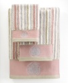 Sweet serenity. Offering a romantic and elegant composition for your bath space, this Aquarelle Embroidery washcloth features beautiful stripes in soft pastel hues. Embellished with subtle embroidery along the hem.