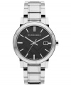 A polished and refined steel timepiece from Burberry with an iconic check pattern at the blacked out dial.