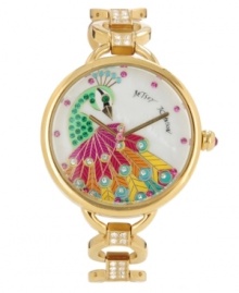 Birds of a feather flock to this gorgeous Betsey Johnson watch. Crafted of gold tone stainless steel bracelet with set crystal accents and round gold tone stainless steel case. White dial features multicolor crystal-accented peacock, pink crystal accent markers, gold tone hour and minute hands, signature fuchsia second hand and logo. Quartz movement. Water resistant to 30 meters. Two-year limited warranty. Birds of a feather flock to this gorgeous Betsey Johnson watch. Crafted of gold tone stainless steel bracelet with set crystal accents and round gold tone stainless steel case. White dial features multicolor crystal-accented peacock, pink crystal accent markers, gold tone hour and minute hands, signature fuchsia second hand and logo. Quartz movement. Water resistant to 30 meters. Two-year limited warranty.