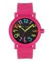 Looking on the bright side is easy with this darling watch by Betsey Johnson. Fuchsia polyurethane strap and round polycarbonate case. Black dial features multicolored numerals, lime green hour and minute hands, signature fuchsia second hand and logo. Quartz movement. Water resistant to 30 meters. Two-year limited warranty.