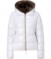 Stay warm while maintaining your impeccable style in this sporty, lightweight down jacket from Duvetica - Hooded, front zip closure that extends to the hood for decorative effect, long sleeves, zip pockets, quilted - Wear with an elevated jeans-and-tee ensemble and shearling lined boots