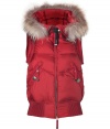 Stay warm in luxe style with this down vest from Parajumpers - Fur trimmed hood with snap closure, front zip closure, logo at shoulder, zip pockets, puffed ribbed trim, quilted, water resistant lining - Cropped, form-fitting silhouette - Style with skinny jeans, a cashmere sweater, and shearling boots