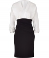 Contrast texture and color to elegant effect with Paule Kas white and black silk and cotton blend dress - Especially flattering, thanks to a touch of stretch - Wrap-style bodice with deep v-neck and gathered, 3/4 sleeves - High-waisted, ruched pencil skirt hits above the knee - Zips at side -  Seamlessly transitions from the office to evenings out - Pair with platform pumps, ankle booties or strappy sandals