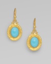 From the Bella Collection. Vibrant turquoise glows within a frame of subtly hammered 24k gold.Turquoise 24k gold Length, about 1 Ear wire Imported