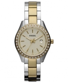 Fossil adds splashes of golden color on this classic steel watch from their Mini Stella collection.