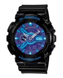 Color shock. Bold blue adds energy to this powerful watch by G-Shock. Black resin strap and round case with logo at bezel. Blue analog and digital display dial features shock and magnetic resistance, auto LED, flash alert, world time, four daily alarms and one snooze, stopwatch, speed indicator, countdown timer, 12/24-hour formats and mute function. Quartz movement. Water resistant to 200 meters. One-year limited warranty.