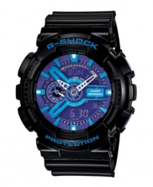 Color shock. Bold blue adds energy to this powerful watch by G-Shock. Black resin strap and round case with logo at bezel. Blue analog and digital display dial features shock and magnetic resistance, auto LED, flash alert, world time, four daily alarms and one snooze, stopwatch, speed indicator, countdown timer, 12/24-hour formats and mute function. Quartz movement. Water resistant to 200 meters. One-year limited warranty. Color shock. Bold blue adds energy to this powerful watch by G-Shock. Black resin strap and round case with logo at bezel. Blue analog and digital display dial features shock and magnetic resistance, auto LED, flash alert, world time, four daily alarms and one snooze, stopwatch, speed indicator, countdown timer, 12/24-hour formats and mute function. Quartz movement. Water resistant to 200 meters. One-year limited warranty.