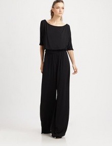 Effortlessly-chic in soft stretch jersey, draped and gathered in a distinctive wide-leg silhouette.BoatneckDropped shouldersThree-quarter sleevesBlouson bodiceGathered waistInseam, about 3792% modal/8% spandexDry cleanMade in USA of imported fabricModel shown is 5'10 (177cm) wearing US size Small. Effortlessly-chic in soft stretch jersey, draped and gathered in a distinctive wide-leg silhouette.BoatneckDropped shouldersThree-quarter sleevesBlouson bodiceGathered waistInseam, about 3792% modal/8% spandexDry cleanMade in USA of imported fabricModel shown is 5'10 (177cm) wearing US size Small.
