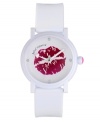 Pucker up. Betsey Johnson sealed this cheeky watch with a kiss. White polyurethane strap and round polycarbonate case. White dial features large red lip graphic, silver tone dot markers at twelve, three, six and nine o'clock, three hands and logo. Quartz movement. Water resistant to 30 meters. Two-year limited warranty.