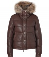 Stay warm in sporty luxe style with this fur trimmed leather parka from Parajumpers - Fur trimmed hood, concealed front zip closure, front snap closures, long sleeves with logo at shoulder, snapped cuffs, snapped pockets, drawstring hemline, water resistant lining, quilted down lining - Cropped, fitted silhouette - Style with skinnies, a cashmere sweater, and shearling boots