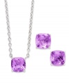 A fun and colorful update to your wardrobe, this matching pendant and earrings set features cushion-cut pink amethyst (5 ct. t.w.) set in sterling silver. Approximate length: 18 inches. Approximate drop (pendant): 1/4 inch. Approximate drop (earrings): 1/4 inch.