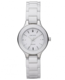 Dress with designer perfection. This DKNY watch features a lacquered white ceramic bracelet and round case. White dial with silvertone stick indices and logo. Quartz movement. Water resistant to 50 meters. Two-year limited warranty. Dress with designer perfection. This DKNY watch features a lacquered white ceramic bracelet and round case. White dial with silvertone stick indices and logo. Quartz movement. Water resistant to 50 meters. Two-year limited warranty.