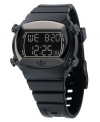 Great for on the go, this Candy watch by adidas features a black polyurethane strap and rectangular polycarbonate case with logo etched at bezel. Black negative display digital dial with chronograph, timer, alarm, 10-lap memory and date. Quartz movement. Water resistant to 50 meters. Two-year limited warranty.