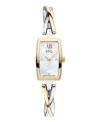 A delicate bangle bracelet sets a graceful tone on the ESQ Sienna watch by ESQ by Movado. Two-tone stainless steel bangle bracelet and tonneau case. Mother-of-pearl dial features gold tone Roman numeral at twelve o'clock, diamond accent markers at three, six and nine o'clock, two hands and logo. Swiss quartz movement. Water resistant to 30 meters. Two-year limited warranty.