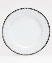 Softly reminiscent of fine English lace, this classic salad plate features tender platinum edging and translucent white floral borders. A tasteful presentation for serving any occasion.