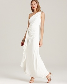 Artful draping lends itself to the Grecian theme of this Max & Cleo one-shoulder gown, punctuated with a single intricately braided shoulder strap. Artful draping lends itself to the Grecian theme of this Max & Cleo one-shoulder gown, punctuated with a single intricately braided shoulder strap.