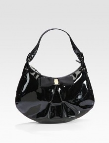 Lustrous patent leather jazzes up this slouchy design finished with soft pleating and a demure front bow.Top handle, 8 dropTop zip closureOne inside zip pocketOne inside open pocketFaille lining13W X 8½H X 1½DMade in Italy Lustrous patent leather jazzes up this slouchy design finished with soft pleating and a demure front bow.Top handle, 8 dropTop zip closureOne inside zip pocketOne inside open pocketFaille lining13W X 8½H X 1½DMade in Italy
