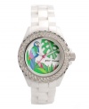 Take a minute and escape to the rainforest. Watch by Betsey Johnson crafted of white ceramic bracelet and round case. Silver tone bezel embellished with crystal accents. White dial features multicolored parrot, green leaves, luminous hour and minute hands, signature fuchsia second hand and logo. Quartz movement. Water resistant to 50 meters. Two-year limited warranty.