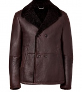 Finish your look on a slick note with Jil Sanders ultra luxurious double-breasted dark brown shearling jacket - Notched lapel, long sleeves, double-breasted button closures, side slit pockets - Classic straight cut - Pair with sleek knits and immaculately tailored trousers