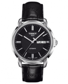 Lend a look of luxury with this handsome leather watch from Tissot's Automatic III collection. Lend a look of luxury with this handsome leather watch from Tissot's Automatic III collection.