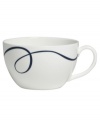 Vera Wang combines her passions for skating and design in the everyday fine Glisse teacup. An indigo-blue ribbon follows the path of a twirling figure skater, sweeping across smooth, snow-white bone china with modern grace.