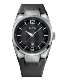 Adventures await. Get going with this sporty watch by Hugo Boss. Black rubber strap and round stainless steel case. Black grid-patterned dial features applied silver tone numerals at twelve and six o'clock, stick indices, minute track, date window at six o'clock, three hands and logo. Quartz movement. Water resistant to 100 meters. Two-year limited warranty. Adventures await. Get going with this sporty watch by Hugo Boss. Black rubber strap and round stainless steel case. Black grid-patterned dial features applied silver tone numerals at twelve and six o'clock, stick indices, minute track, date window at six o'clock, three hands and logo. Quartz movement. Water resistant to 100 meters. Two-year limited warranty.