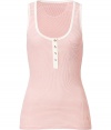 Tank top in fine striped cotton and modal blend - Super-soft thermal fabric feels great against the skin - Chic pink and ecru contrast colorway - Feminine, fitted silhouette, cut to sit just below hips - Deep scoop collar with button closure, small pocket at chest - A lovely sleepwear basic to pair with pajama pants or shorts