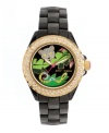 Every minute counts in the jungle. Keep track with this bold watch by Betsey Johnson. Black ceramic bracelet and round case. Gold tone bezel embellished with crystal accents. Black enamel dial features crystal-accented silver tone tiger face, multicolored snake, green leaves, luminous gold tone hour and minute hands, signature fuchsia second hand and logo. Quartz movement. Water resistant to 50 meters. Two-year limited warranty.