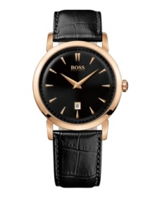 A casual timepiece for the understated gentleman. Watch by Hugo Boss crafted of black croc-embossed leather strap and round rose-gold tone stainless steel case. Black dial features applied rose-gold tone stick indices, date window at six o'clock, three hands and logo at twelve o'clock. Quartz movement. Water resistant to 50 meters. Two-year limited warranty. A casual timepiece for the understated gentleman. Watch by Hugo Boss crafted of black croc-embossed leather strap and round rose-gold tone stainless steel case. Black dial features applied rose-gold tone stick indices, date window at six o'clock, three hands and logo at twelve o'clock. Quartz movement. Water resistant to 50 meters. Two-year limited warranty.