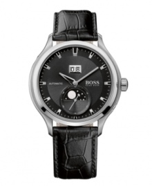 Deliberately crafted casual timepiece from Hugo Boss. Crafted of black croc-embossed leather strap and round stainless steel case. Black dial with date window at twelve o'clock, logo at three o'clock, silver tone applied stick indices, minute track, hour and minute hands and subdial. Automatic movement. Water resistant to 50 meters. Two-year limited warranty. Deliberately crafted casual timepiece from Hugo Boss. Crafted of black croc-embossed leather strap and round stainless steel case. Black dial with date window at twelve o'clock, logo at three o'clock, silver tone applied stick indices, minute track, hour and minute hands and subdial. Automatic movement. Water resistant to 50 meters. Two-year limited warranty.