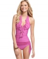 Sweetly stylish, this Be Creative tankini is ultra-feminine with chiffon ruffles, bow tie and plunging V-neckline!