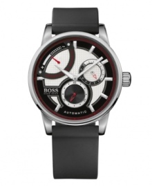 Freshen up your fashion with this avant-garde timepiece by Hugo Boss. Watch crafted of black silicone strap and round stainless steel case. Black and silver tone textured dial features stick indices, three subdials, two luminous hands, logo and red accents. Automatic movement. Water resistant to 50 meters. Two-year limited warranty. Freshen up your fashion with this avant-garde timepiece by Hugo Boss. Watch crafted of black silicone strap and round stainless steel case. Black and silver tone textured dial features stick indices, three subdials, two luminous hands, logo and red accents. Automatic movement. Water resistant to 50 meters. Two-year limited warranty.