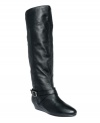 With their timeless yet stylish design, you'll get long-lasting wear from Chinese Laundry's tall leather Triple Play boots. Embellished with buckle hardware, they feature a comfortable stacked demi-wedge heel.