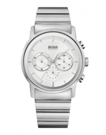 Dress for success with simple style from Hugo Boss. Watch crafted of stainless steel bracelet and round case. Silver tone chronograph dial features applied silver tone stick indices, three subdials, three hands and logo at twelve o'clock. Quartz movement. Water resistant to 50 meters. Two-year limited warranty. Dress for success with simple style from Hugo Boss. Watch crafted of stainless steel bracelet and round case. Silver tone chronograph dial features applied silver tone stick indices, three subdials, three hands and logo at twelve o'clock. Quartz movement. Water resistant to 50 meters. Two-year limited warranty.
