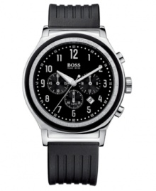 A modern men's watch with classic refinement. Black rubber strap. Silvertone stainless steel round case and round black chronograph dial with three subdials, date window, logo and numerical indices. Quartz movement. Water resistant to 50 meters. Two-year limited warranty. A modern men's watch with classic refinement. Black rubber strap. Silvertone stainless steel round case and round black chronograph dial with three subdials, date window, logo and numerical indices. Quartz movement. Water resistant to 50 meters. Two-year limited warranty.