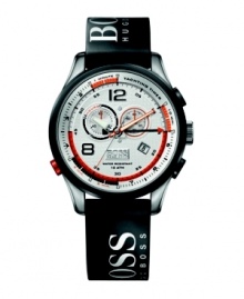The ultimate watch for a sailor at heart, by Hugo Boss. Black, branded rubber strap (featuring the Hugo Boss boat's racing number of 99) and round stainless steel case with black rubber-coated bezel. Checkered white dial features black numerals at twelve and eight o'clock, luminous hands, reverse-graduated countdown scale, well-defined counters, clear-cut color-coding and logo. Back engraved with depiction of Hugo Boss boat. Quartz true regatta movement with audible alarm. Water resistant to 100 meters. Two-year limited warranty. The ultimate watch for a sailor at heart, by Hugo Boss. Black, branded rubber strap (featuring the Hugo Boss boat's racing number of 99) and round stainless steel case with black rubber-coated bezel. Checkered white dial features black numerals at twelve and eight o'clock, luminous hands, reverse-graduated countdown scale, well-defined counters, clear-cut color-coding and logo. Back engraved with depiction of Hugo Boss boat. Quartz true regatta movement with audible alarm. Water resistant to 100 meters. Two-year limited warranty.